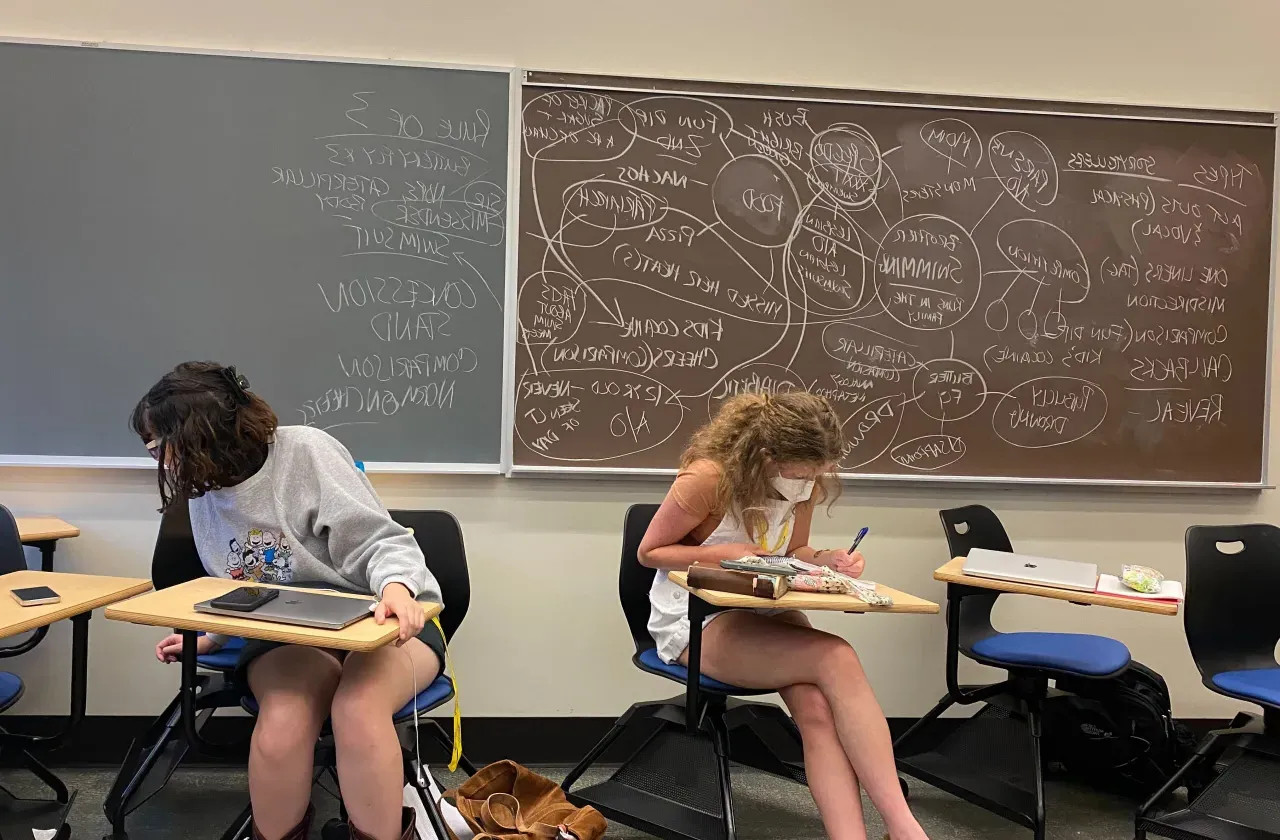 两个学生在写字，身后是一块填满了的黑板.